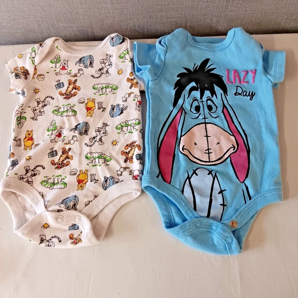 Disney Baby Winnie The Pooh Eeyore Bodysuits 4‎ Pack Lot NB Newborn Yellow Blue
